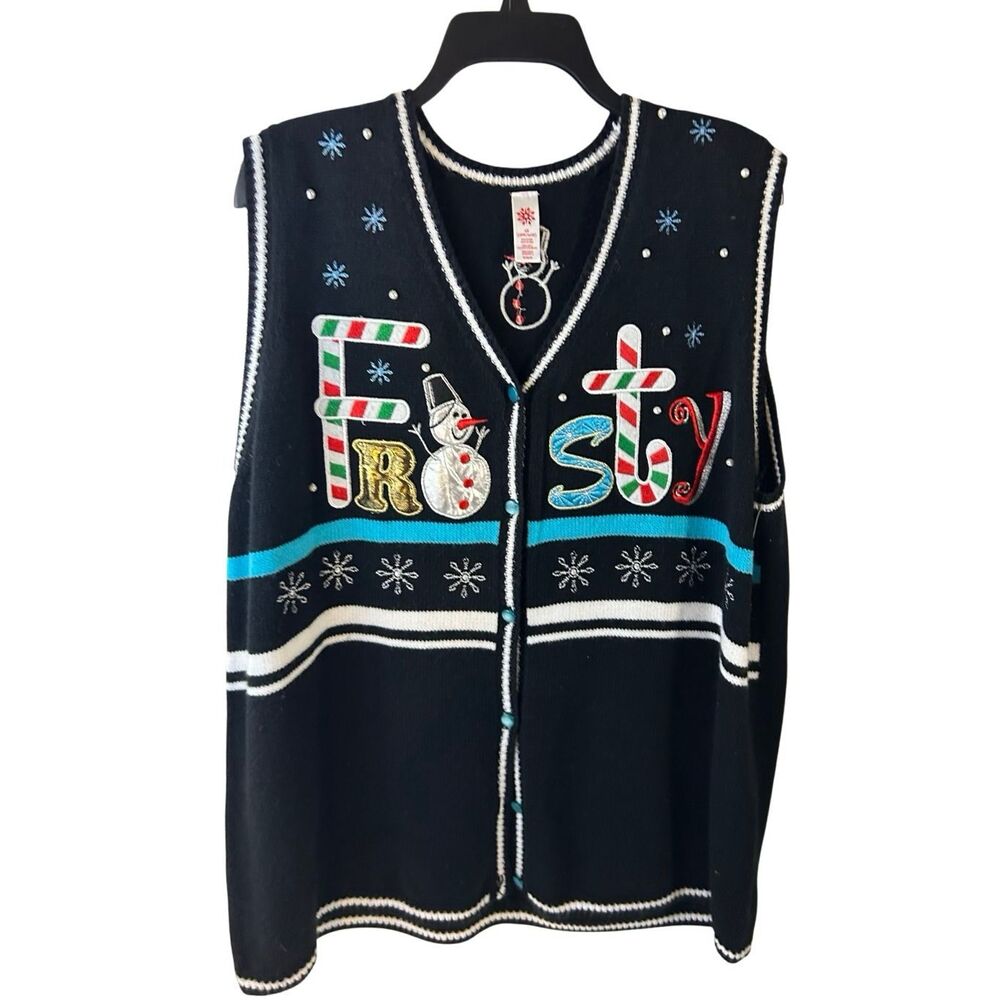 Holiday Time Frosty Snowman Black sweater vest 2x 18/20W Buttons